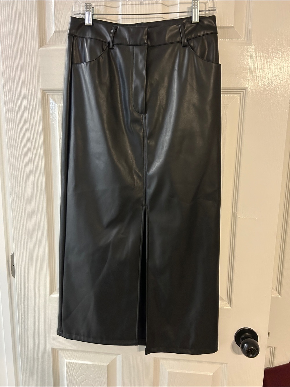 Commense Black Faux Leather Midi Pencil Skirt with Front Slit